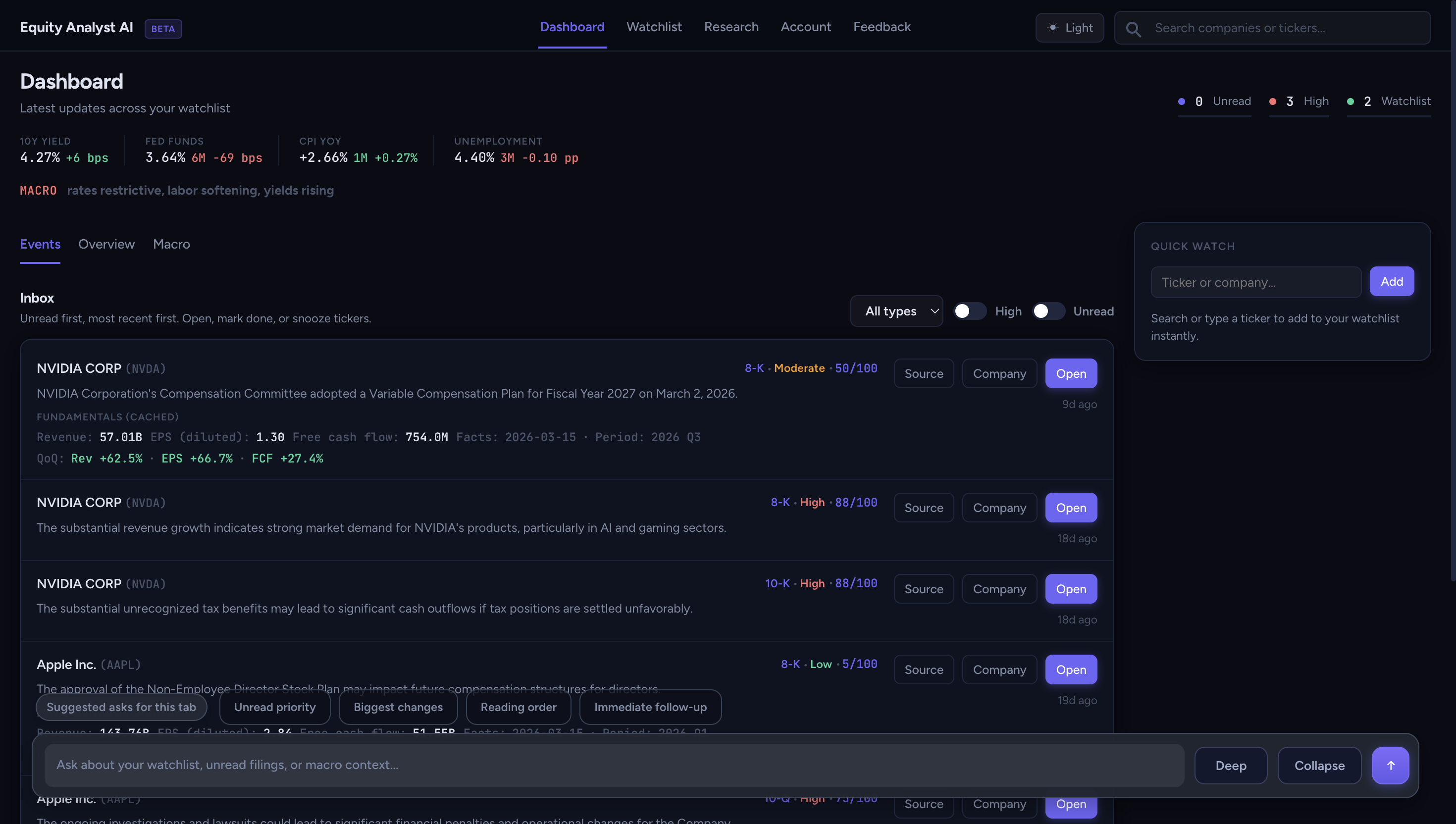 Dashboard inbox in dark mode