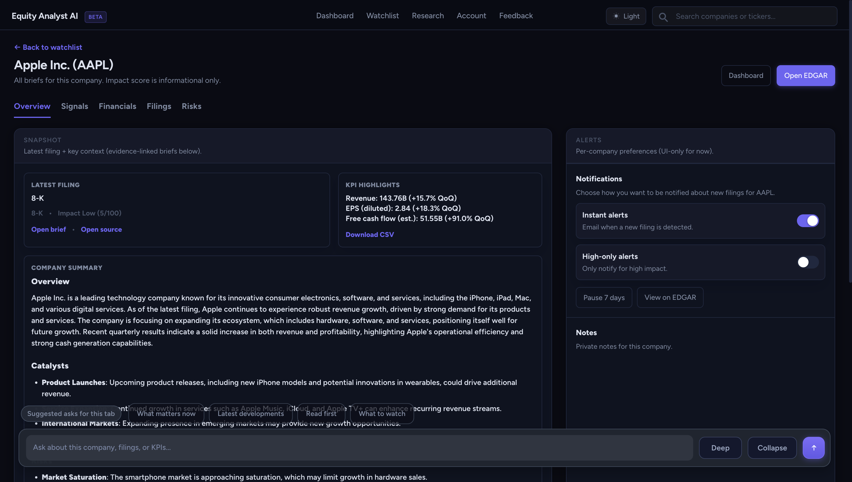 Company overview in dark mode