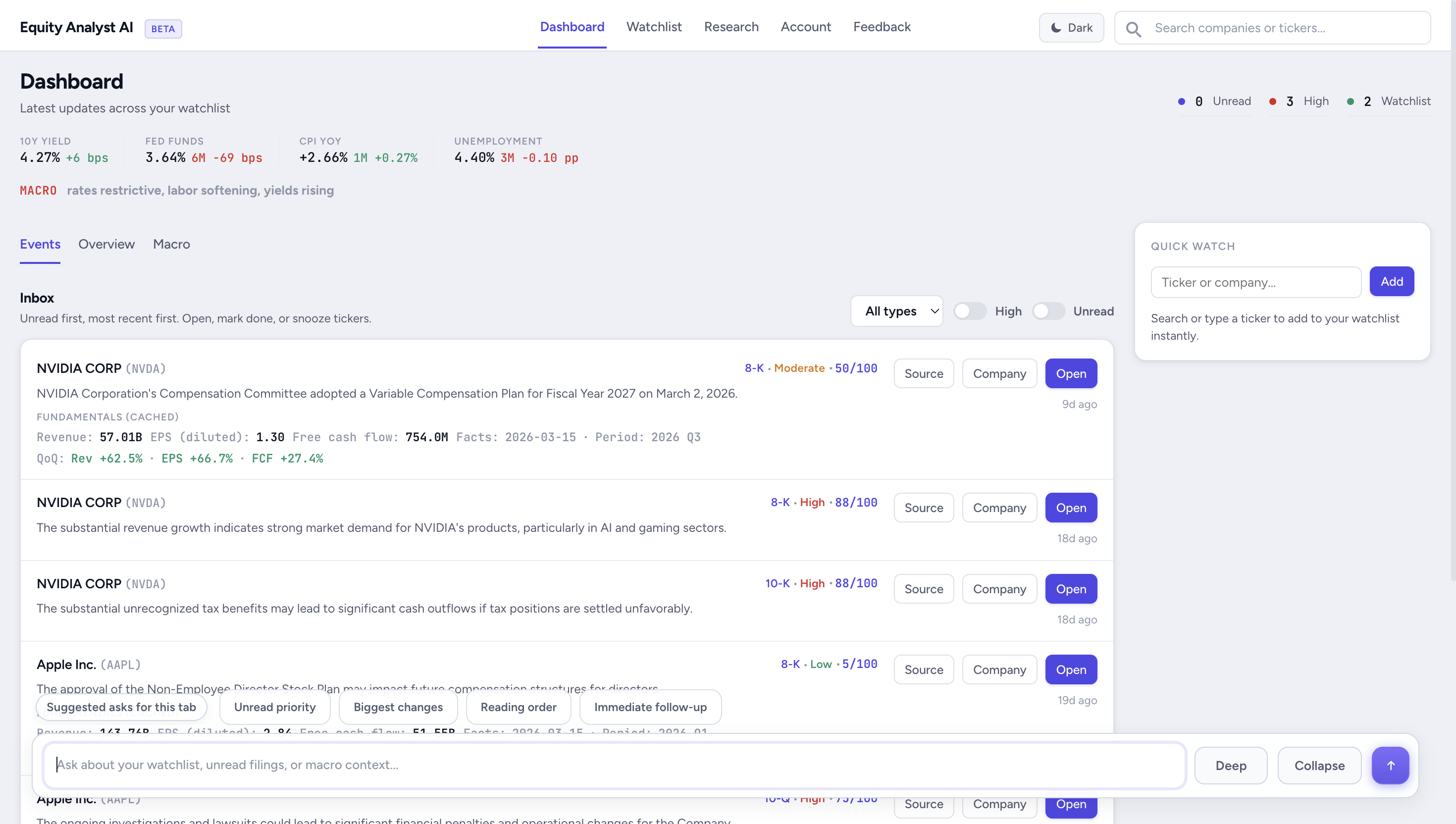 Dashboard inbox in light mode